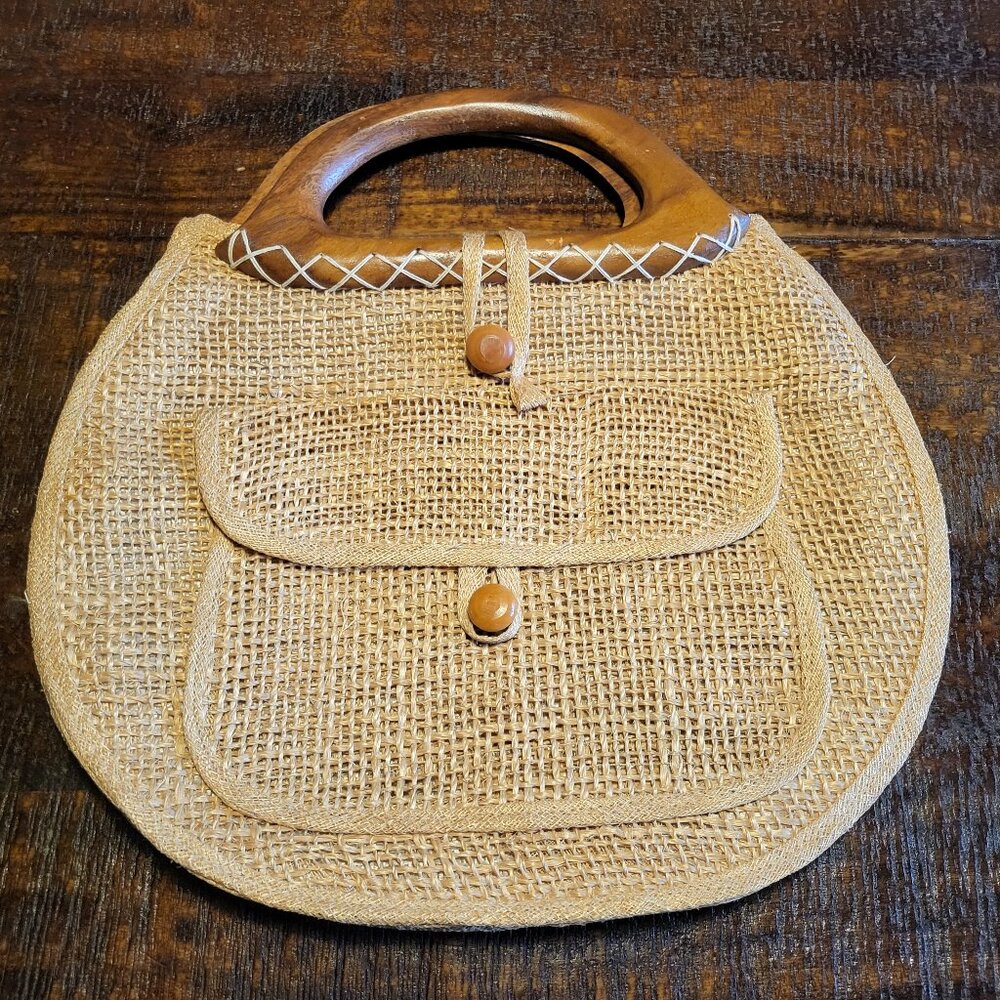 Vintage straw bag with wood handle made in the Philippines